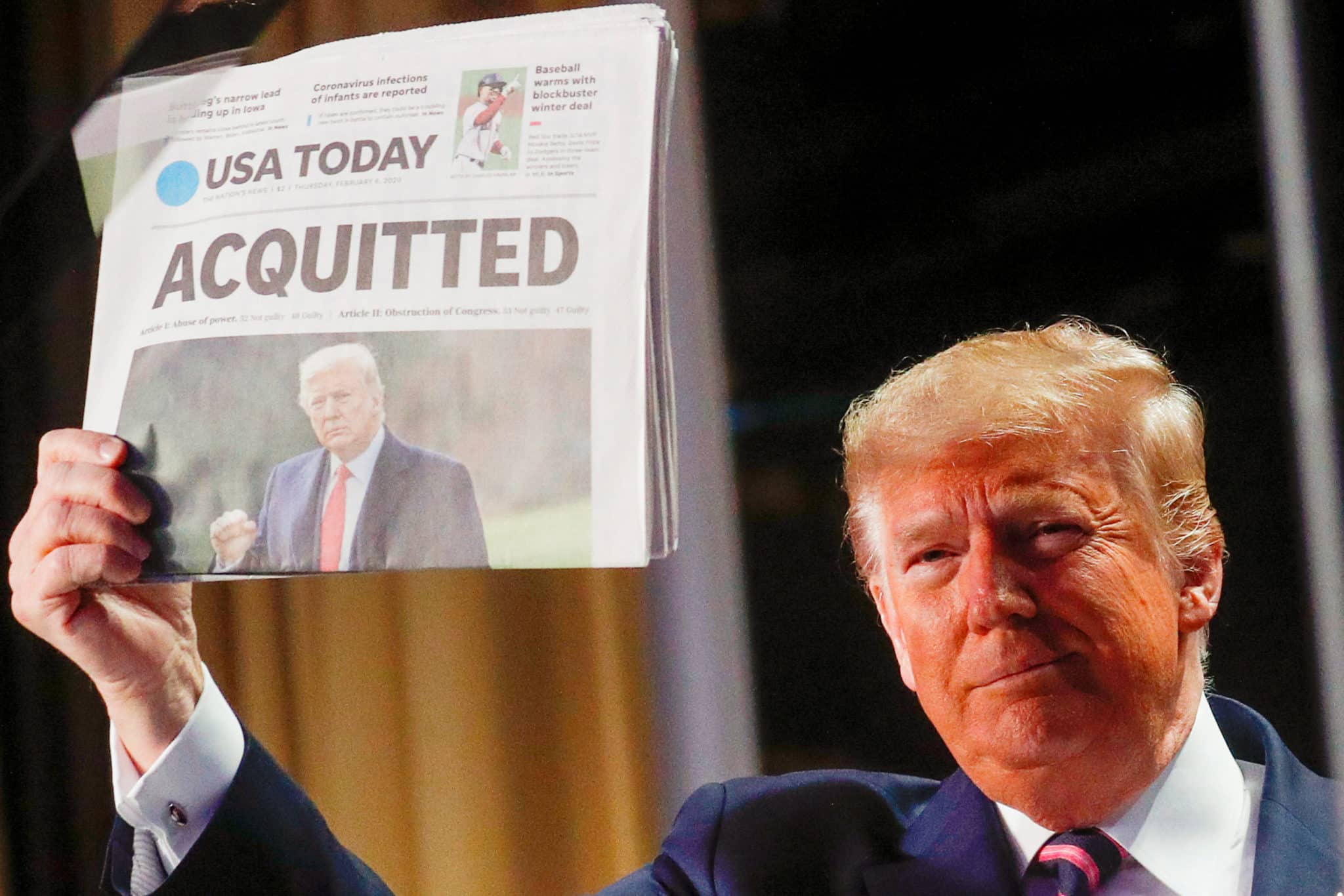 Trump Revels in His Acquittal as He Holds up ‘Acquitted’ Newspapers at National Prayer Breakfast