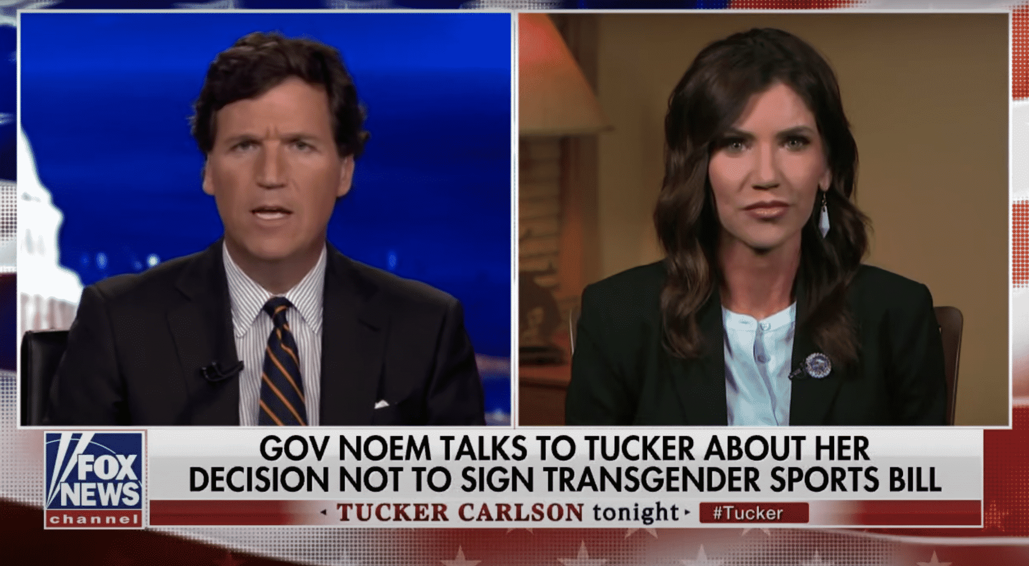 Tucker Carlson Presses Noem on Whether She Is ‘Caving To the NCAA’ Over Transgender Sports Bill