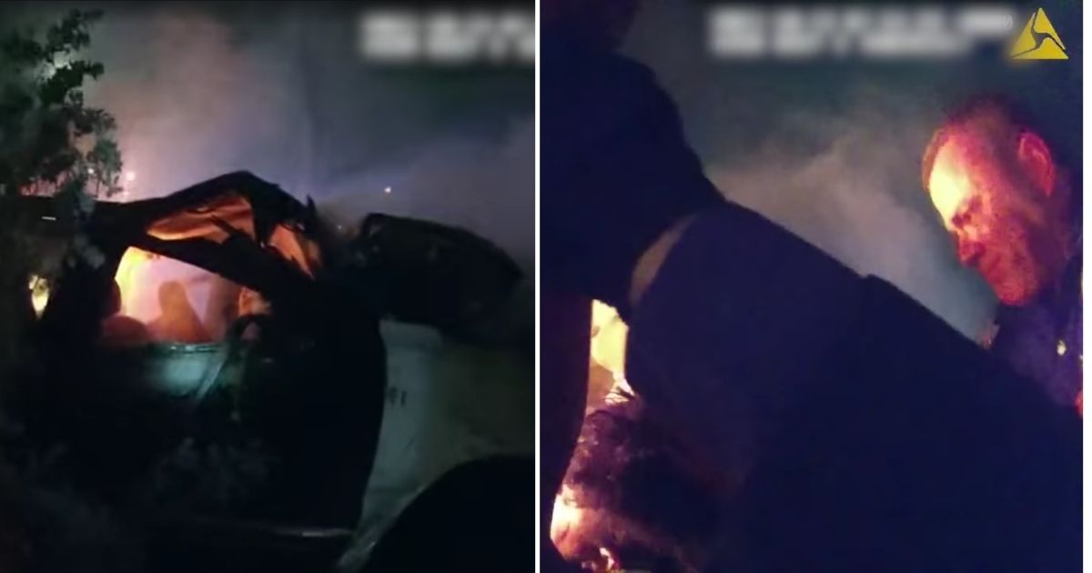 Officer and Rookie Partner Save Unconscious Driver After Car Hits Curb, Flips and Ignites