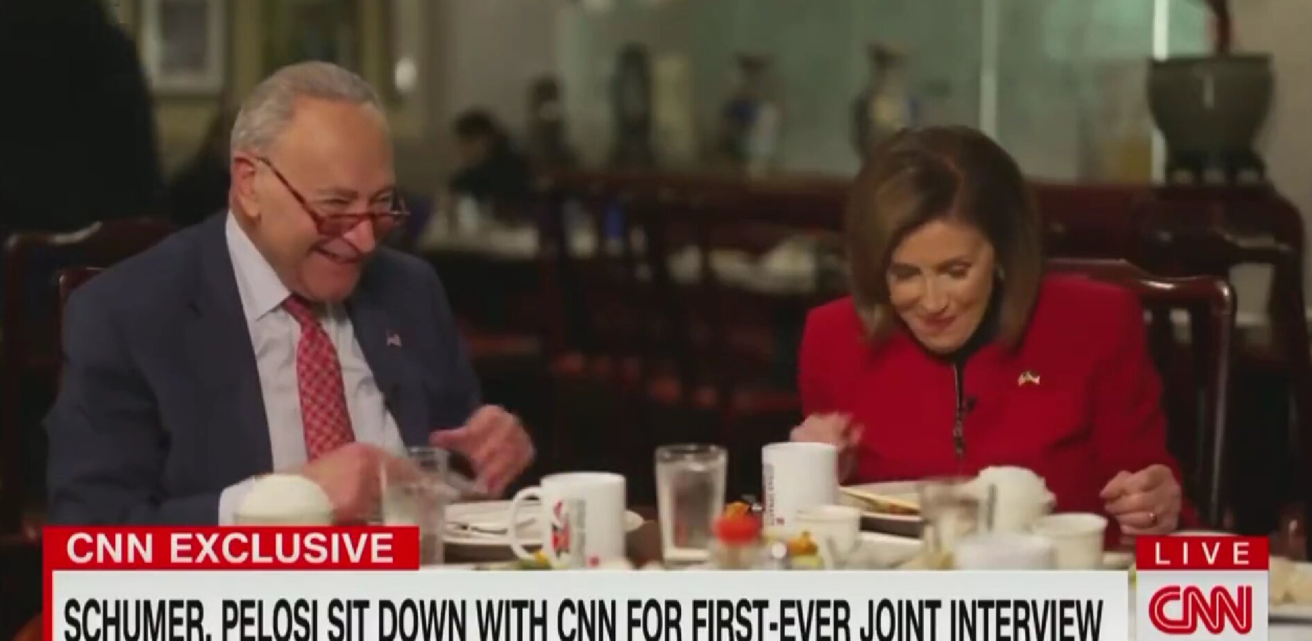 Schumer Laughs After Pelosi Cracks Joke About Not Discussing Trump ‘While We’re Eating’