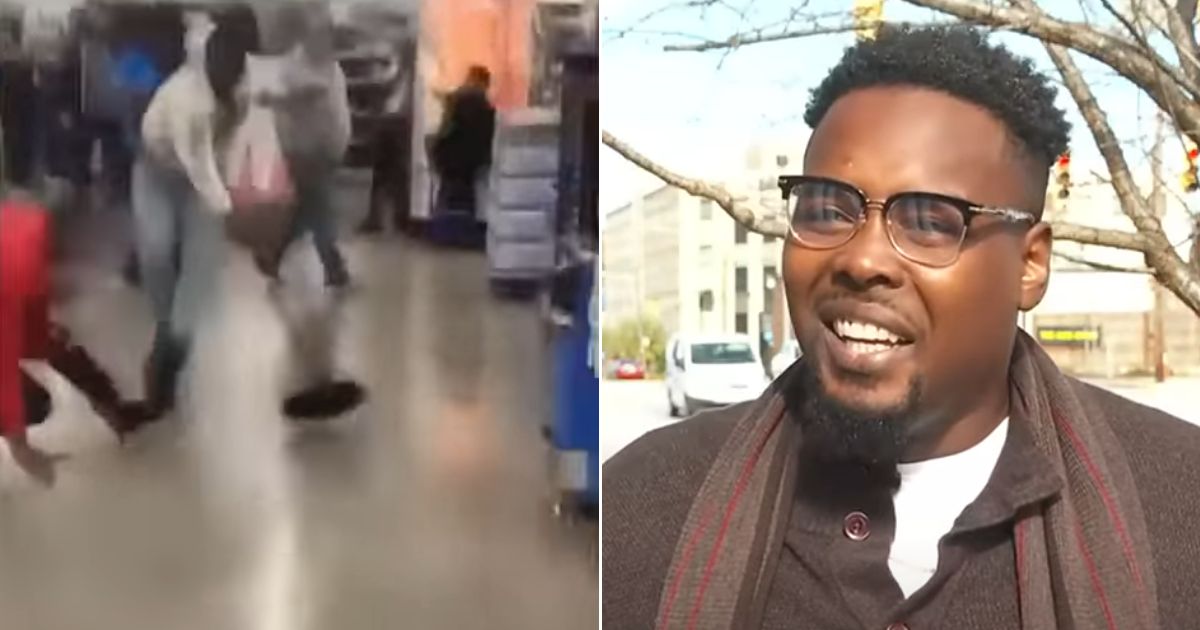 Demario Davis, right, talks about how he thwarted a man with a knife at a Walmart in Columbia, South Carolina, left.