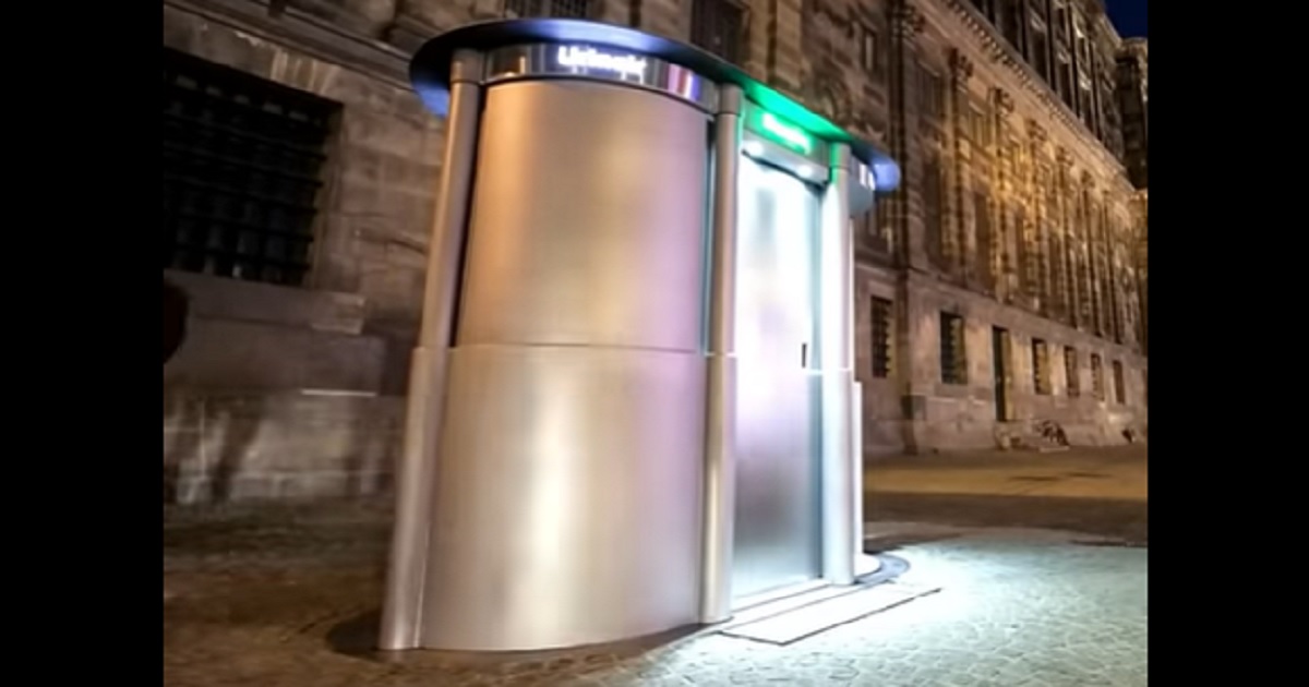A pop-up urinal is visible at street level in an evening image.