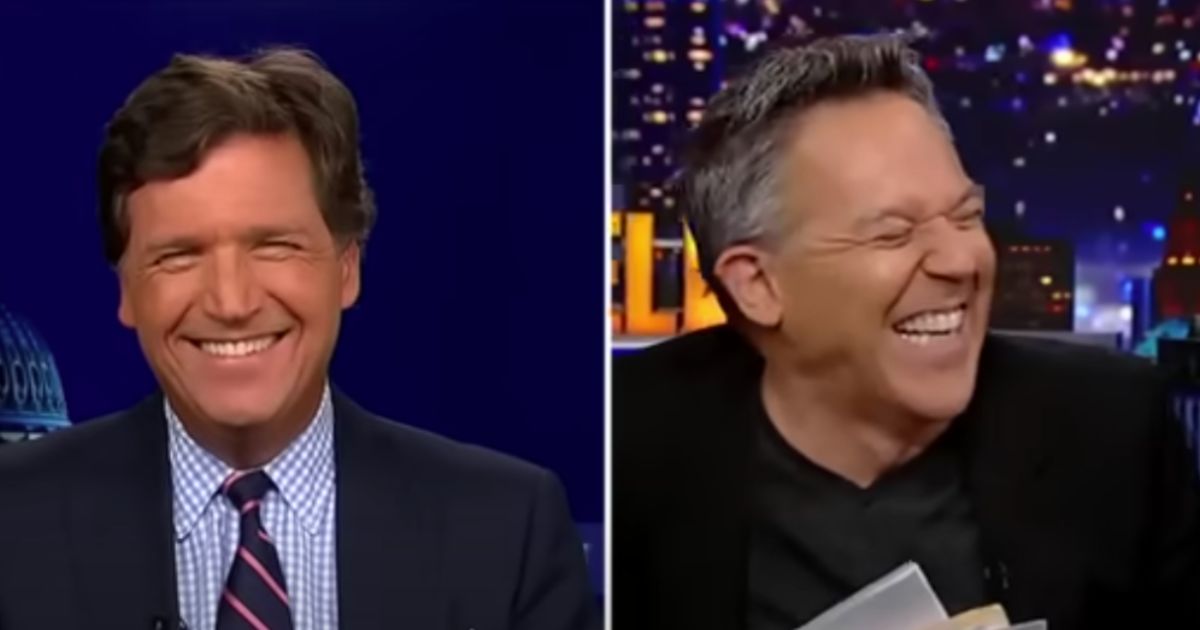 Fox News host Tucker Carlson, left, went on "Gutfeld!" and talked with host Greg Gutfeld, right, about the decline of late-night TV.