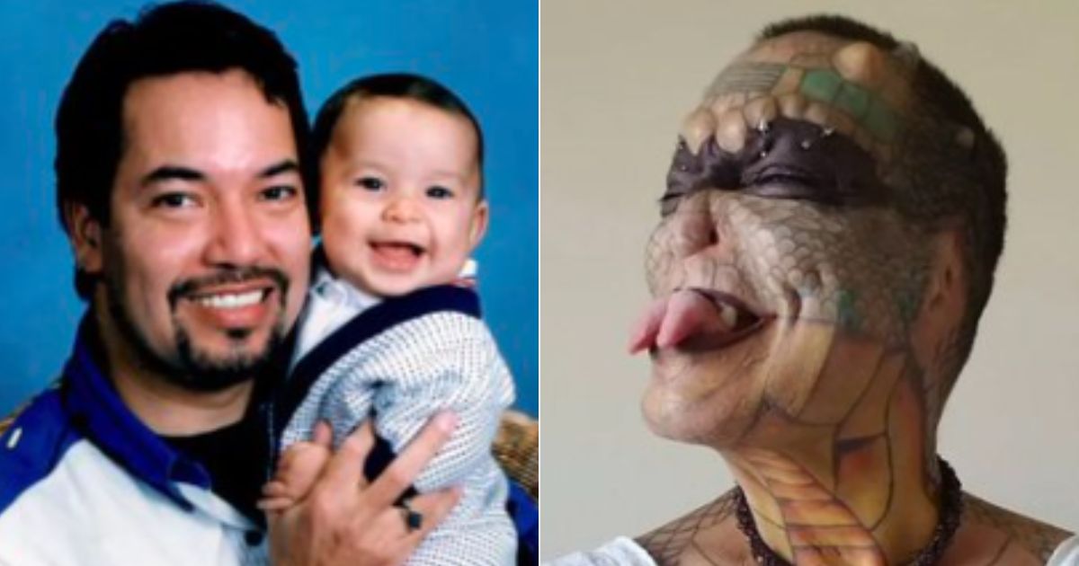 Tiamat Legion Medusa was once a normal-looking man and father, left, but after paying $80,000 to transform into a "genderless dragon," right, his son won't talk to him.