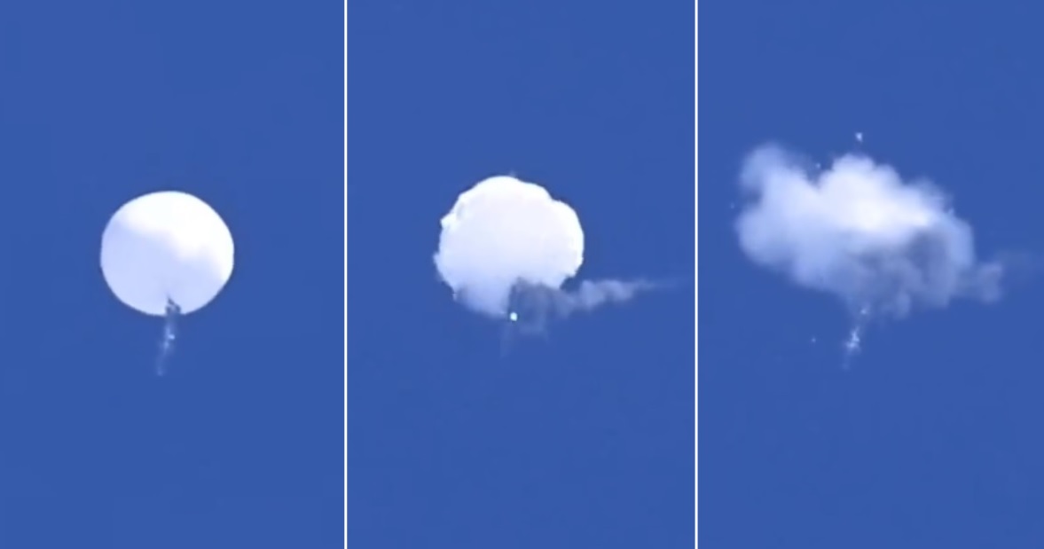 Video stills show the destruction of a Chinese balloon by a missille fired from an F-22 fighter plane.