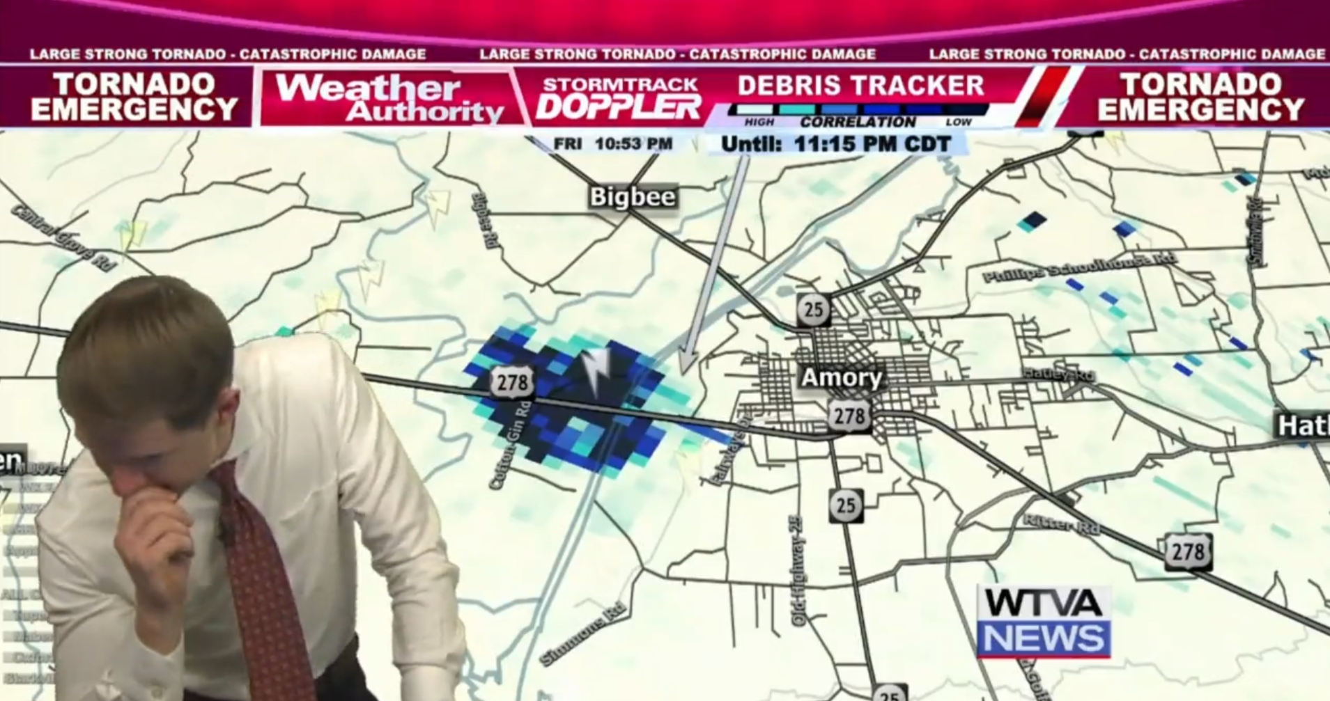 Meteorologist Matt Laubhan of WTVA-TV stopped to say a quick prayer on live TV as he saw a giant tornado barreling down on Amory, Mississippi Friday night.