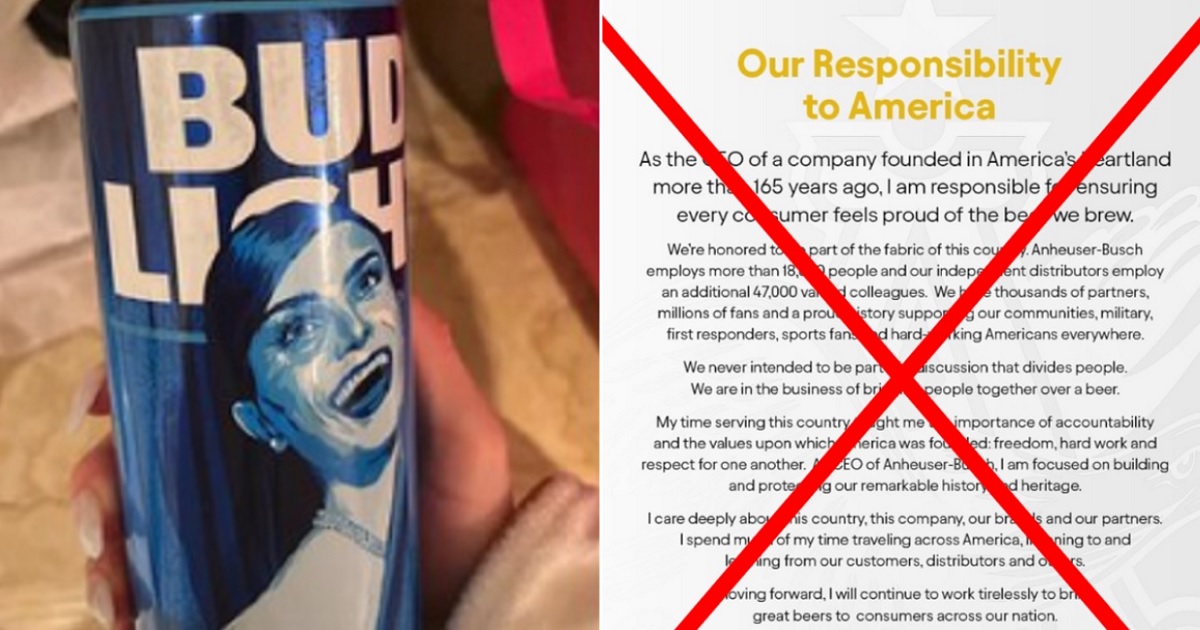 The Bud Light can honoring Dylan Mulvaney, left; the social media message from Anheuser-Busch CEO Brendan Whitworth, right, with a red "X" over it.