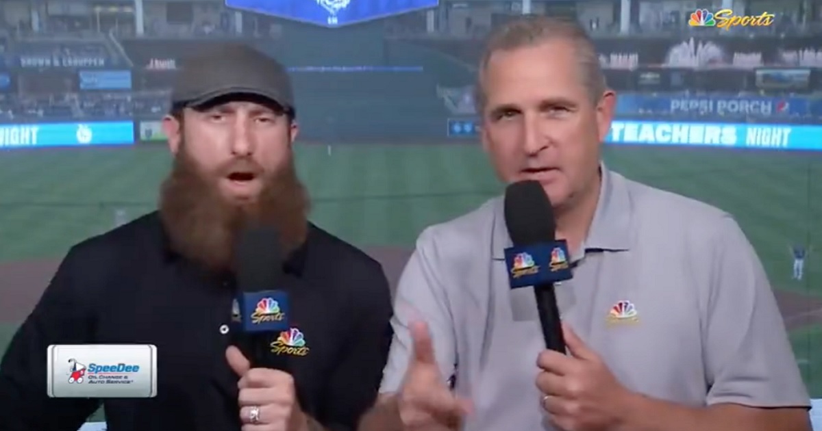 Oakland A's broadcasting team Dallas Braden, left, and Glen Kuiper, right, during Friday night's game.