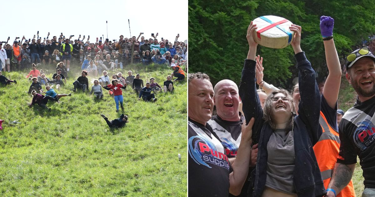 Every year, individuals gather in Gloucester, England, to attempt to capture a cheese as it rolls down a hill. Delaney Irving, right, won the female race on May 29.