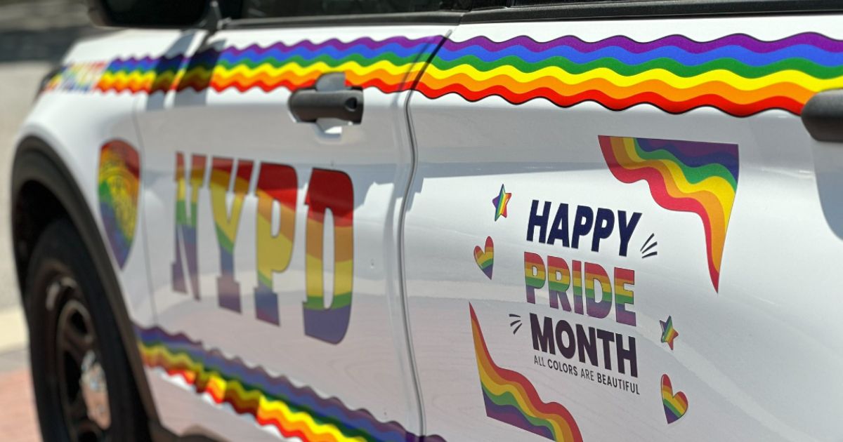 This Twitter screen shot shows a redesigned NYPD car in celebration of 'pride month.'