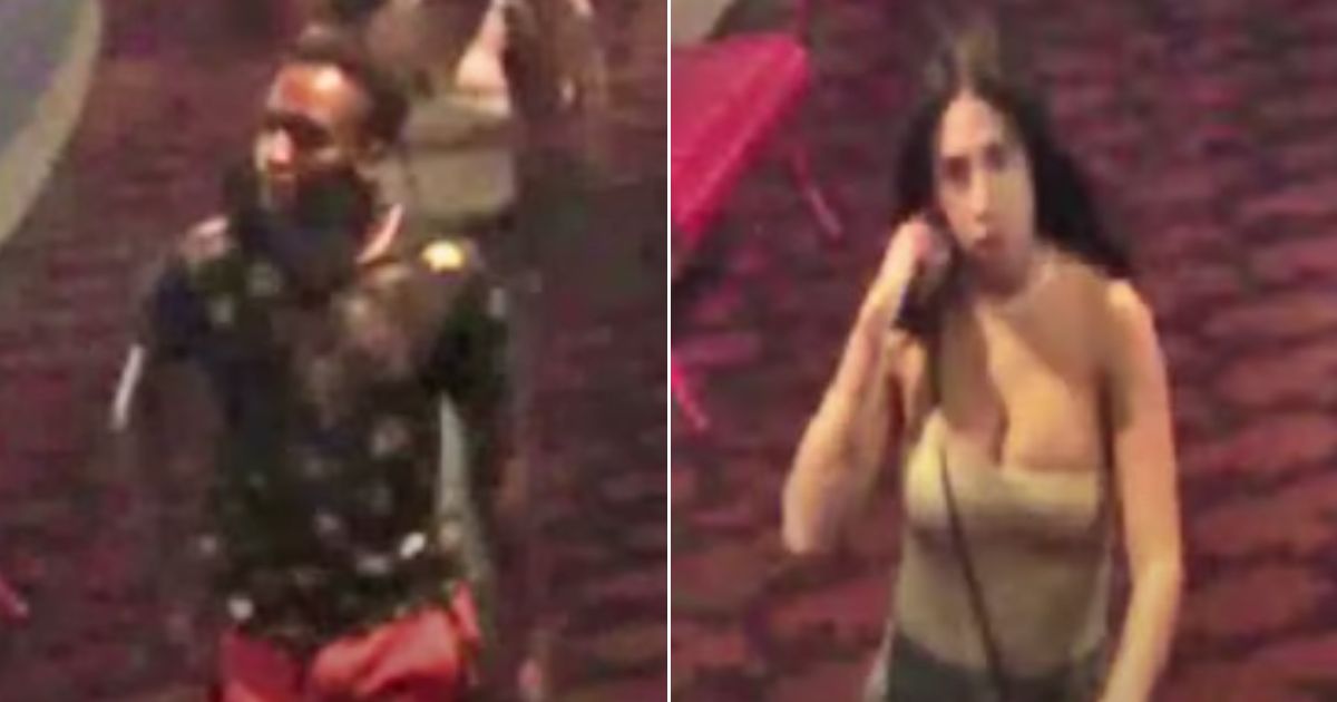 Police are looking for the couple allegedly involved in the beating of a 63-year-old man who confronted them over movie theater seats.