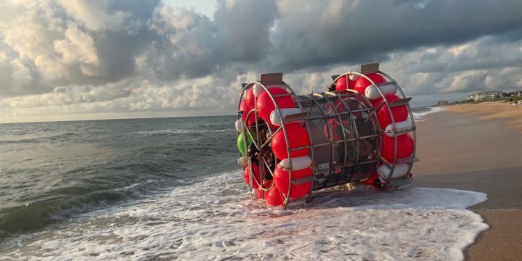 Reza "Ray" Baluchi's "hamster wheel" vessel is seen in Flagler Beach, Florida, in 2021.