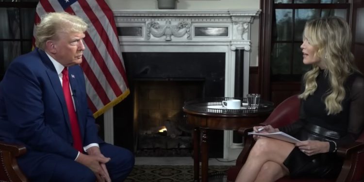 Former President Donald Trump, left, speaks to host Megyn Kelly.