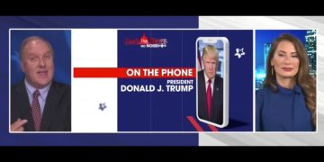 This Rumble screen shot shows an interview with former President Donald Trump on Real America's Voice.