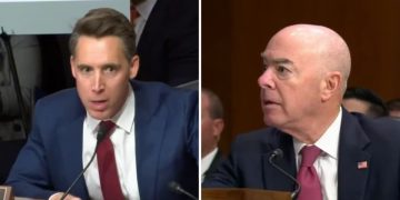 Sen. Josh Hawley of Missouri questions Department of Homeland Security Secretary Alejandro Mayorkas during a Senate Homeland Security Committee hearing on Tuesday.