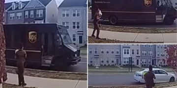 Doorbell video footage caught the moment a female UPS driver was surrounded and carjacked at gunpoint in a Maryland neighborhood Monday.