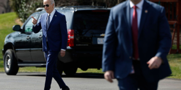 WASHINGTON, DC - FEBRUARY 26: U.S. President Joe Biden points toward the Marine One presidential helicopter as he departs the White House on February 26, 2024 in Washington, DC. Biden is traveling to New York City for a campaign meeting and is scheduled to return to Washington later in the day. (Photo by Chip Somodevilla/Getty Images)