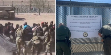 Illegal immigrants storming the U.S. border and the sign the Border Patrol put up in response