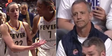 WNBA rookie Caitlin Clark, far left, struggled in her WNBA debut on Tuesday, and her father's, right, face summed up the disappointment. (