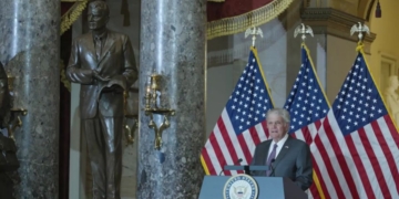 Franklin Graham speaking at the unveiling of a statue of his father, Billy Graham
