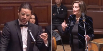 Winston Marshall, left, former banjo player and guitarist for the folk group Mumford & Sons; former House Speaker Nancy Pelosi, right, during an April 25 debate at Oxford University in Oxford, England.