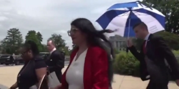 This X screen shot is from a video showing an encounter between Rep. Rashida Tlaib's team and Fox News.