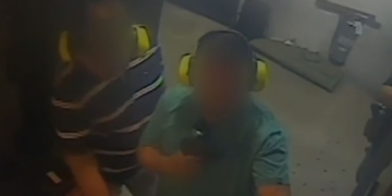 This X screen shot shows two unidentified men who received a lifetime ban from Top Gun Range in Houston, Texas, for failing to adhere to gun safety protocols.