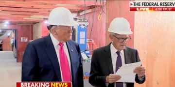 Hard-Hat Clad Jerome Powell Visibly Shakes His Head At Trump During Fed Building Tour